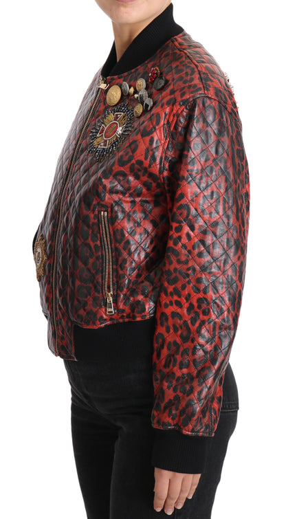 Dolce &amp; Gabbana Red Leopard Bomber Leather Jacket with Crystal Buttons