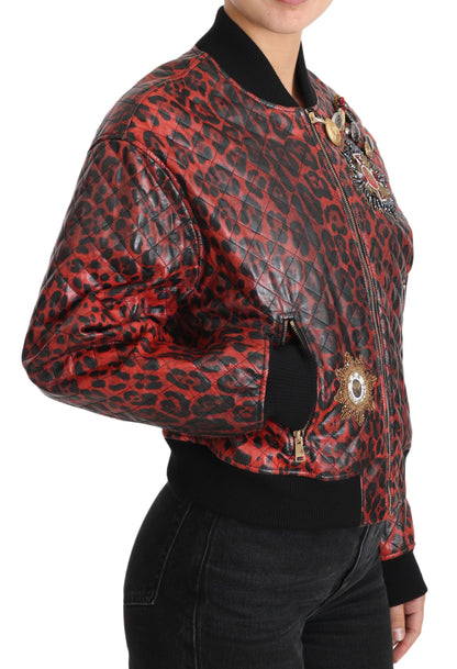 Dolce &amp; Gabbana Red Leopard Bomber Leather Jacket with Crystal Buttons