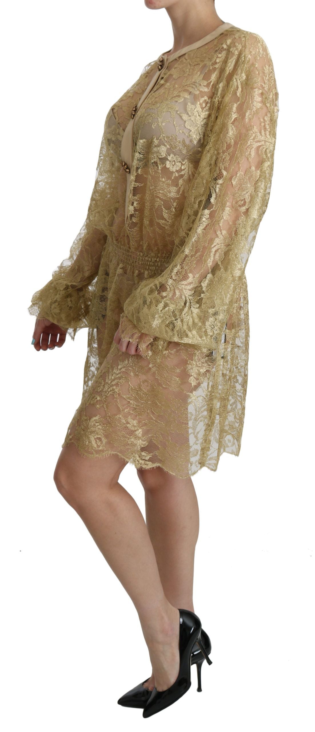 Dolce &amp; Gabbana Elegant Gold Lace A-Line Knee Length Dress