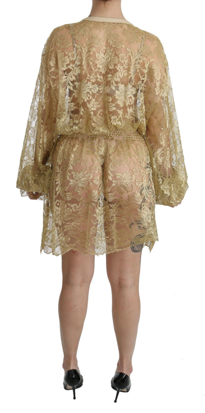 Dolce &amp; Gabbana Elegant Gold Lace A-Line Knee Length Dress