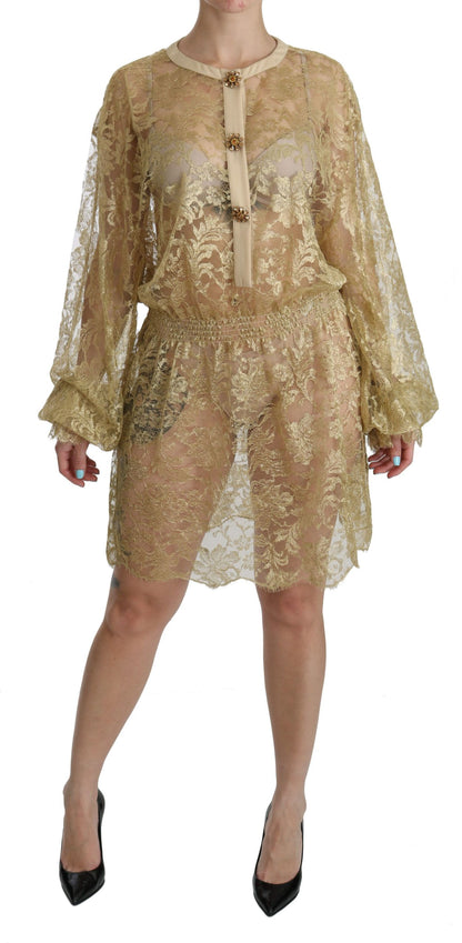 Dolce &amp; Gabbana Elegant Gold Lace A-Line Knee Length Dress