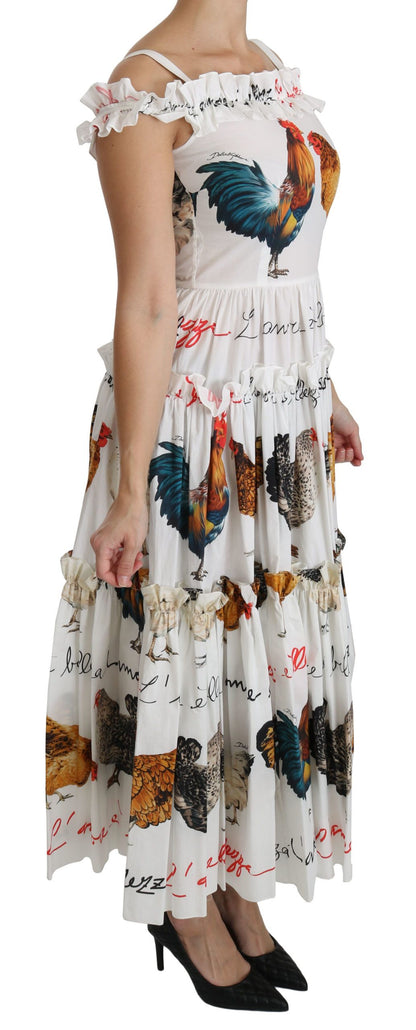 Dolce &amp; Gabbana Elegant White Rooster Print Sheath Midi Dress