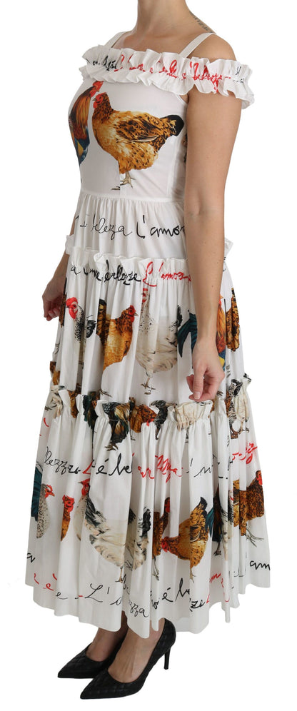 Dolce &amp; Gabbana Elegant White Rooster Print Sheath Midi Dress