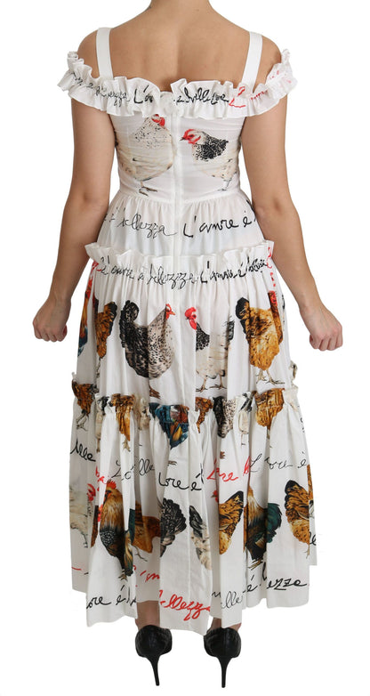 Dolce &amp; Gabbana Elegant White Rooster Print Sheath Midi Dress