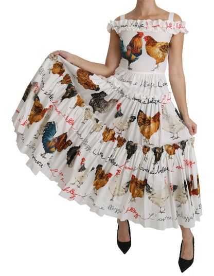 Dolce &amp; Gabbana Elegant White Rooster Print Sheath Midi Dress