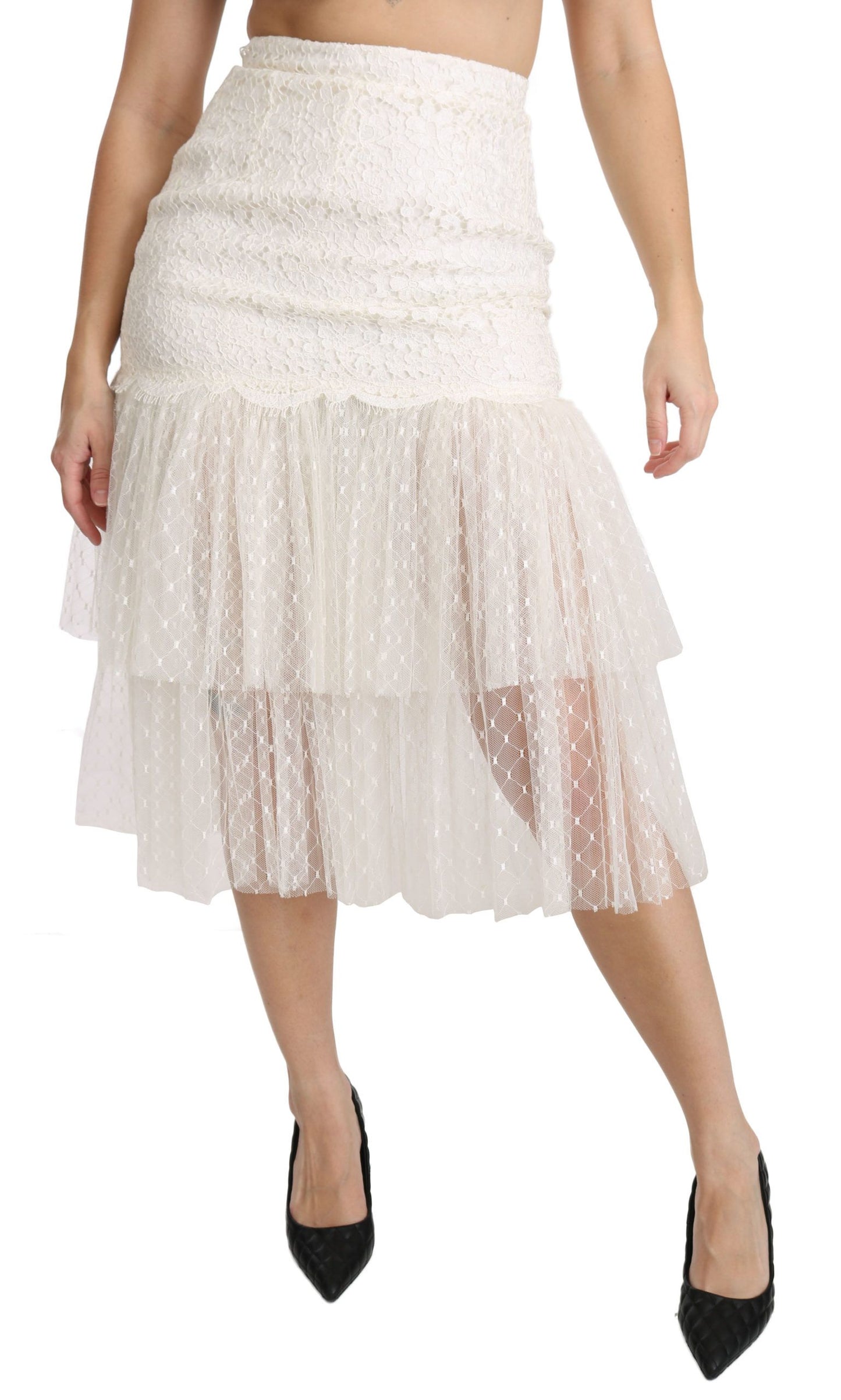 Dolce &amp; Gabbana Elegant White Lace High-Waist Skirt