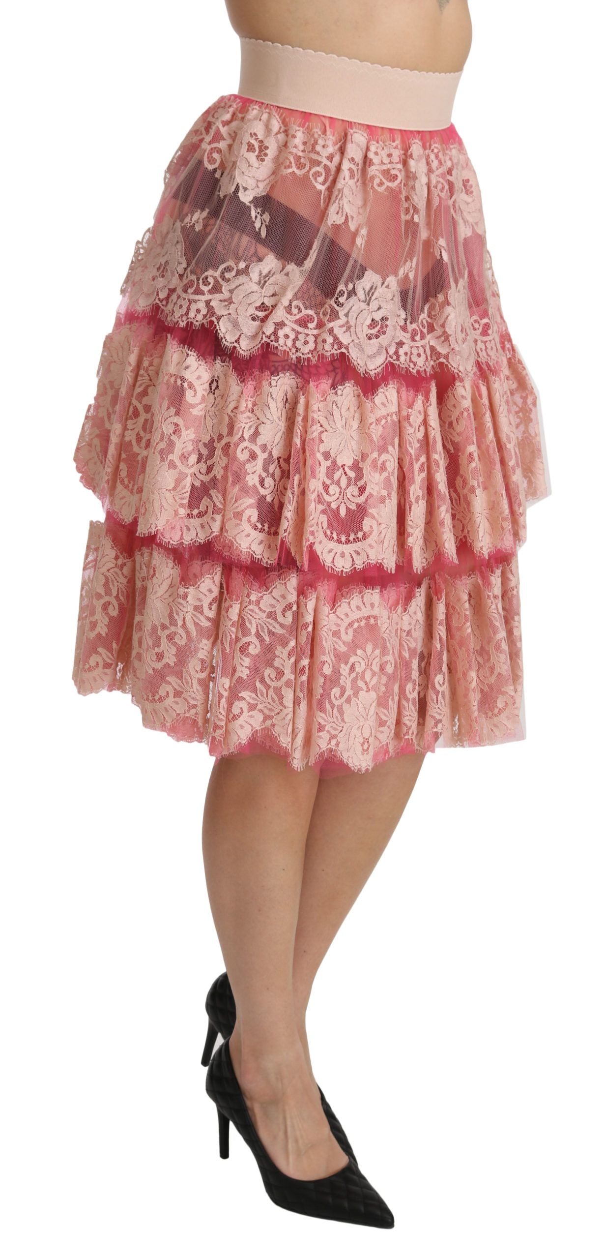 Dolce &amp; Gabbana Elegant Pink Lace High-Waist Skirt