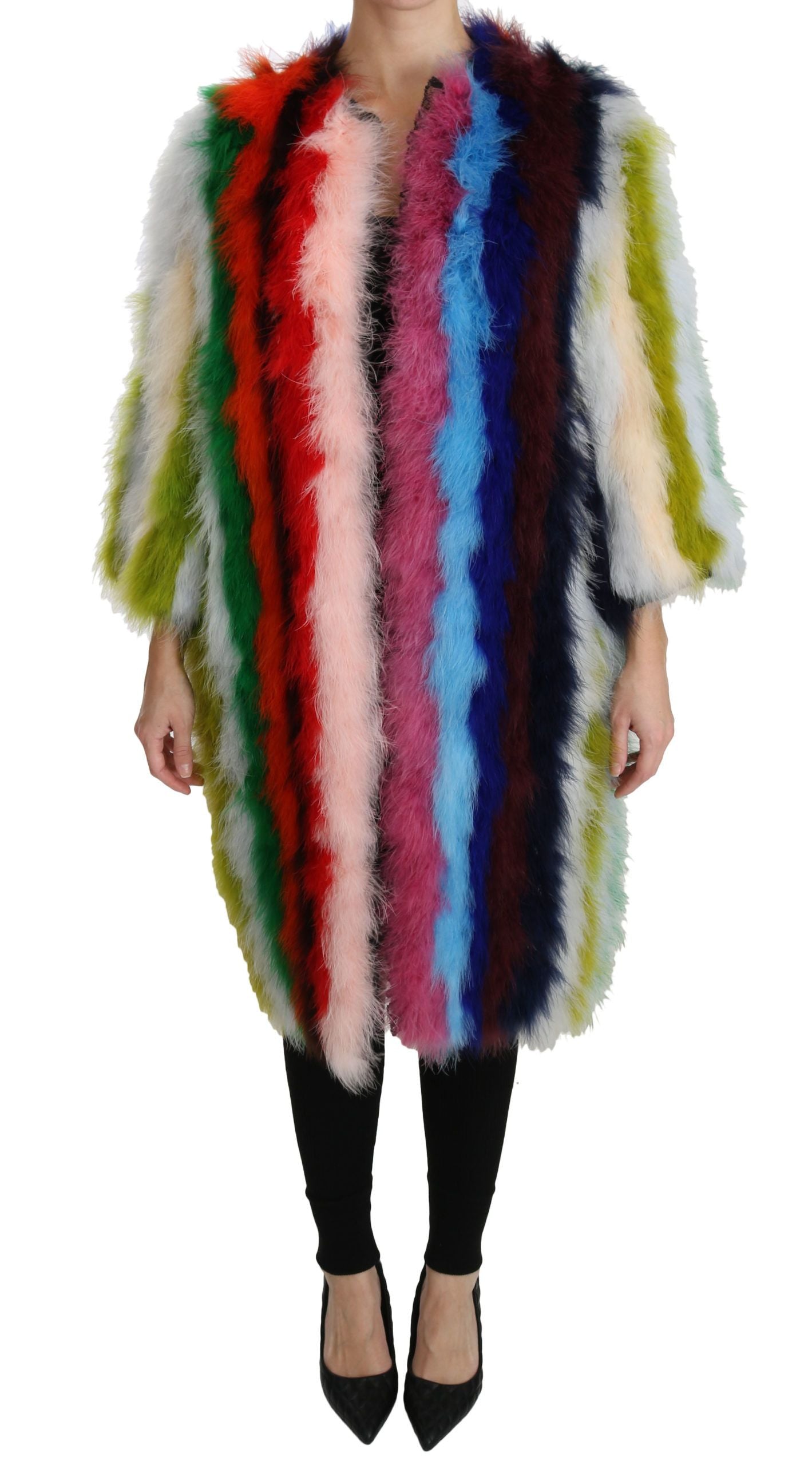 Dolce & Gabbana Elegant Multicolor Feather Long Coat Jacket