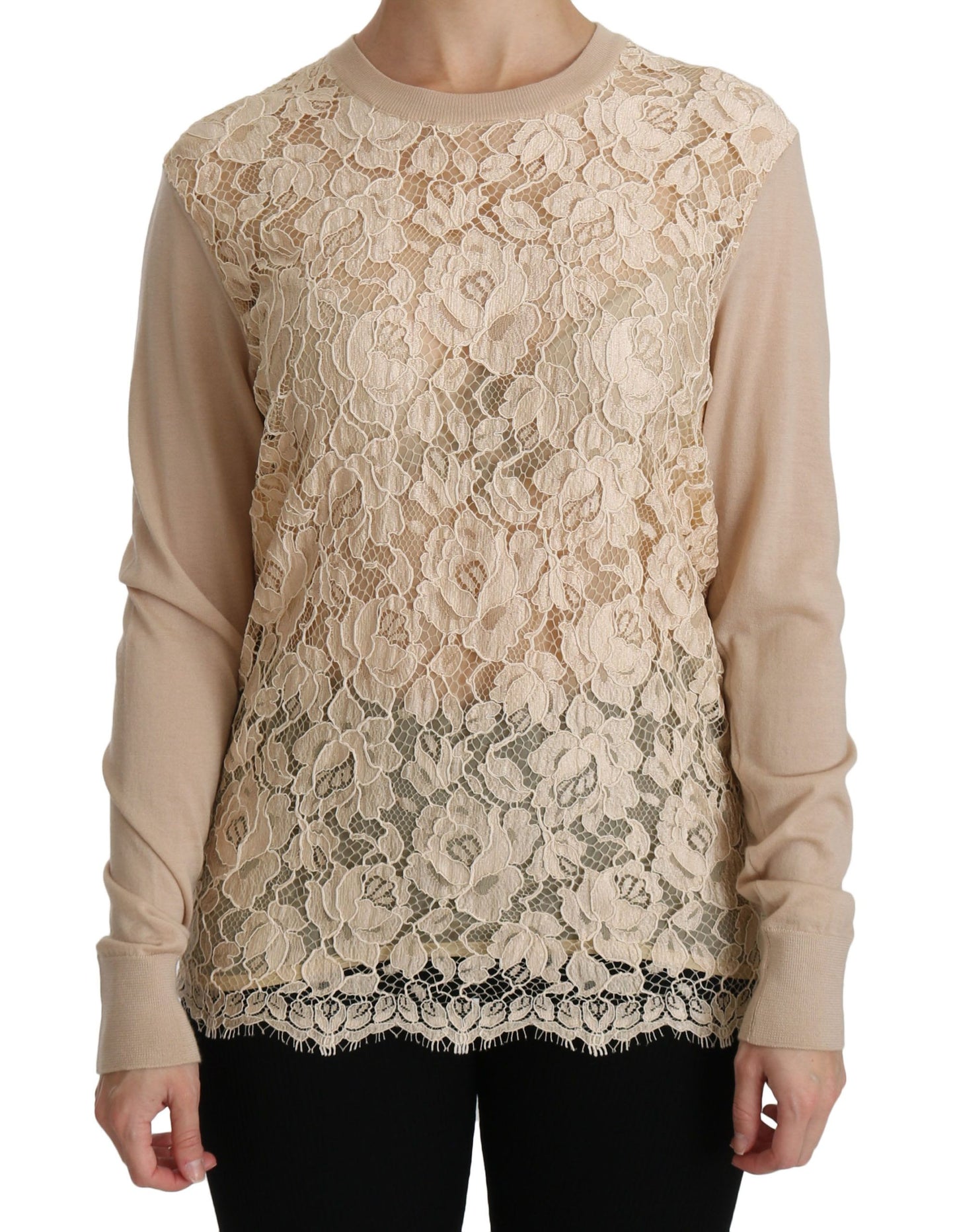 Dolce &amp; Gabbana Elegant Beige Lace Crew Neck Cashmere Blouse