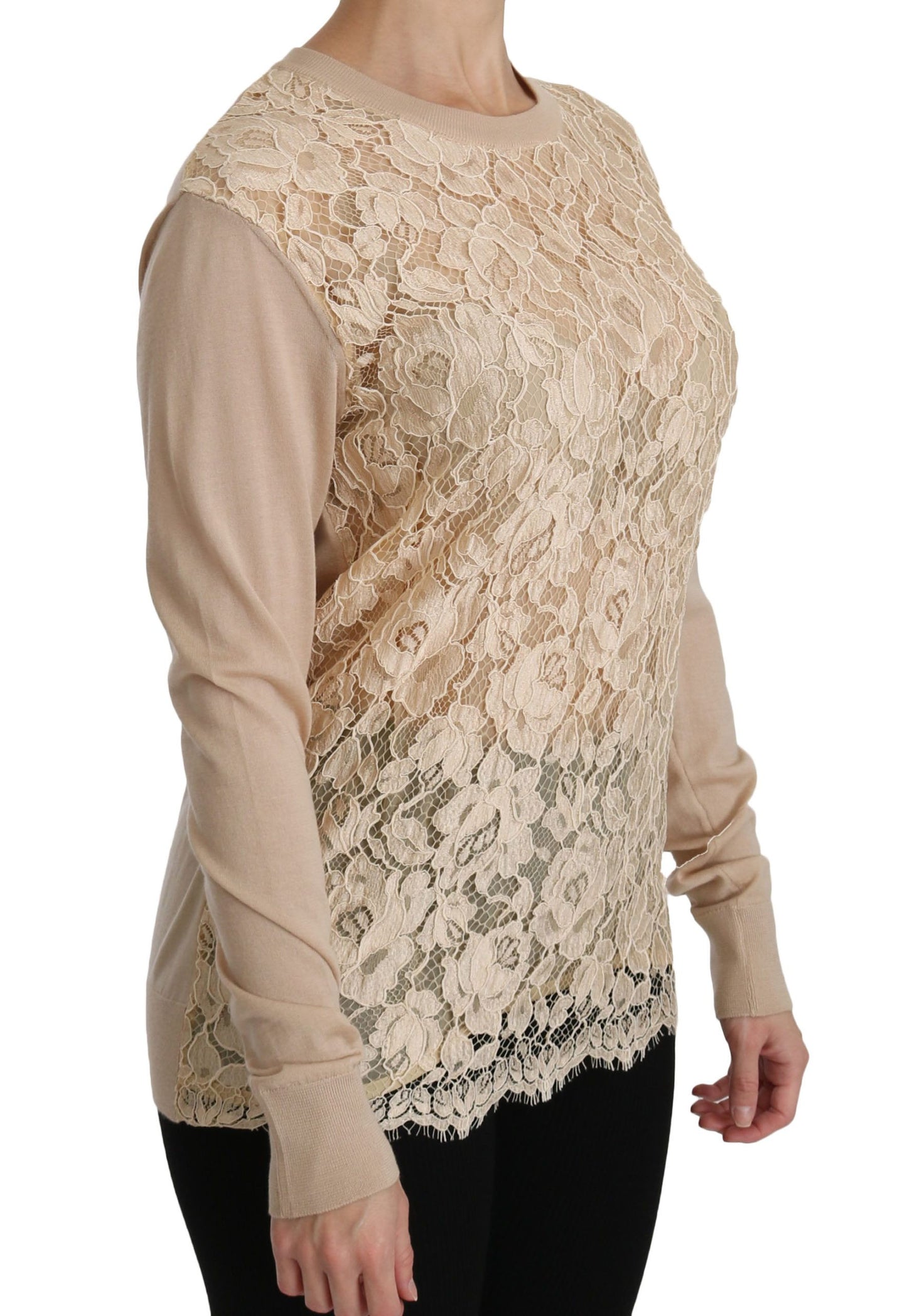 Dolce &amp; Gabbana Elegant Beige Lace Crew Neck Cashmere Blouse