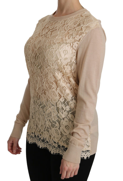 Dolce &amp; Gabbana Elegant Beige Lace Crew Neck Cashmere Blouse