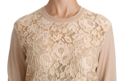 Dolce &amp; Gabbana Elegant Beige Lace Crew Neck Cashmere Blouse