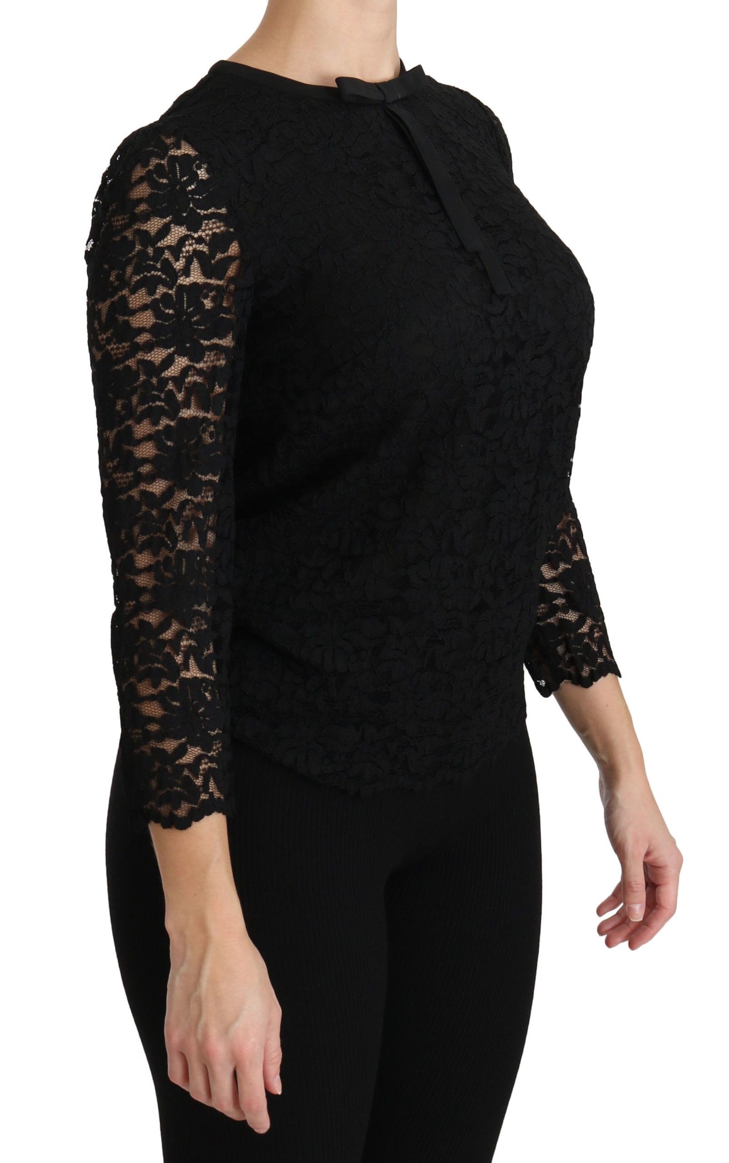 Dolce &amp; Gabbana Elegant Black Lace Crew Neck Blouse