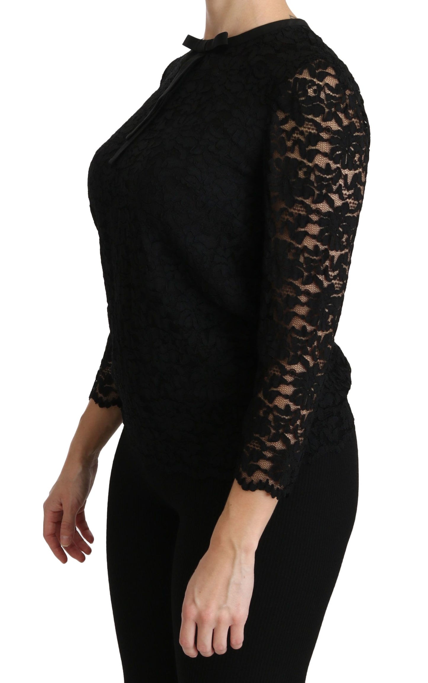 Dolce &amp; Gabbana Elegant Black Lace Crew Neck Blouse