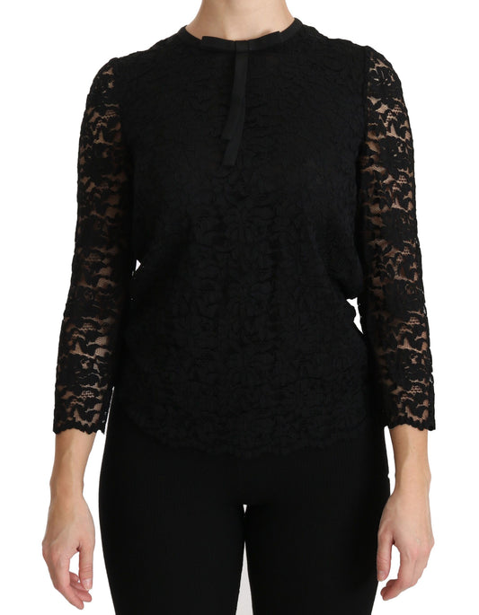 Dolce &amp; Gabbana Elegant Black Lace Crew Neck Blouse