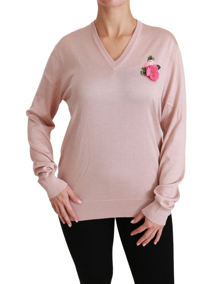 Dolce &amp; Gabbana Pink Floral Silk V-Neck Sweater