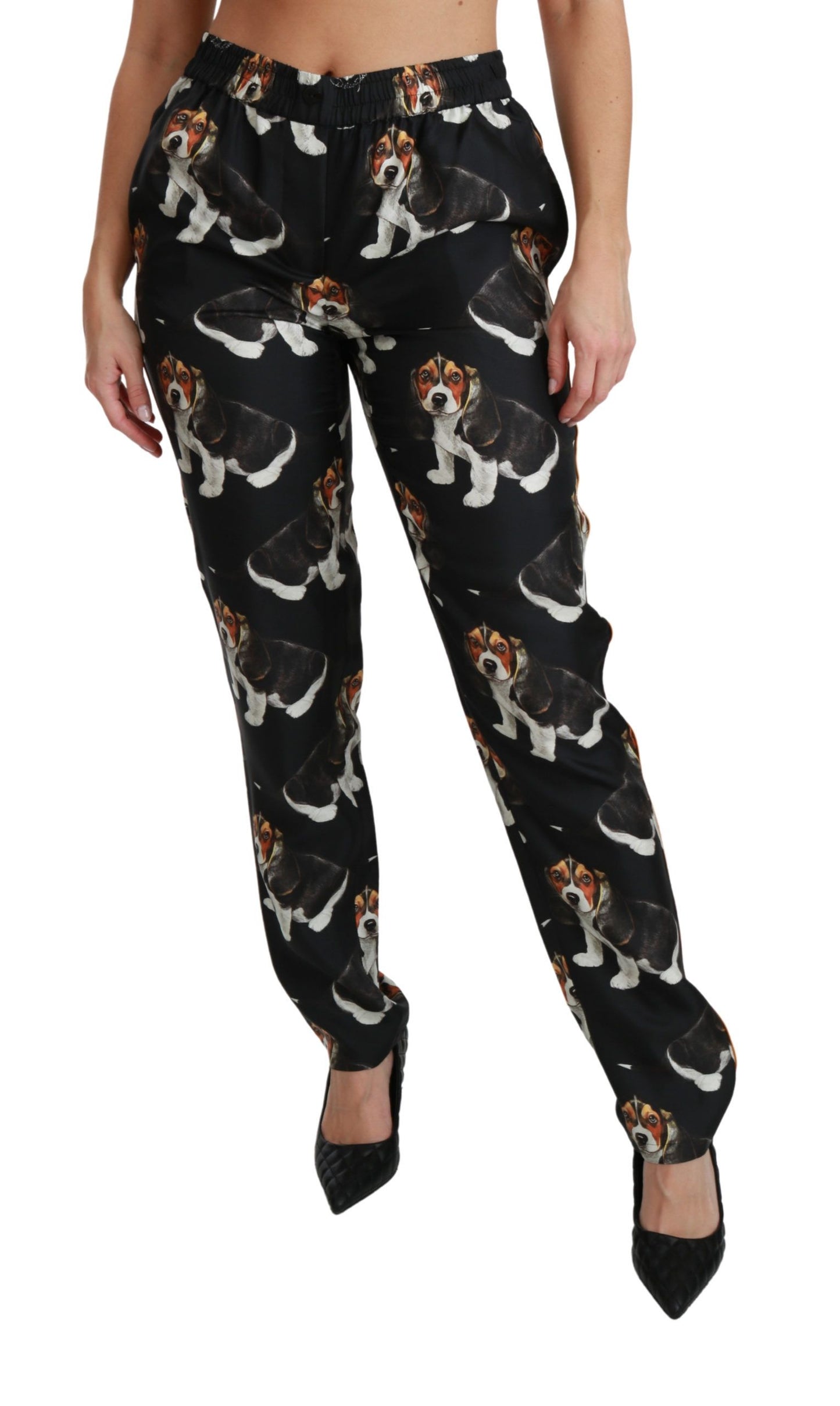 Dolce &amp; Gabbana Elegant Silk Puppy Dog Print Pants