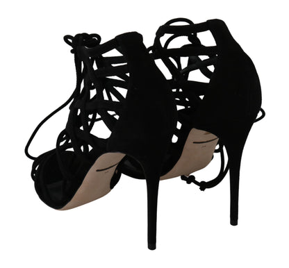 Dolce &amp; Gabbana Elegant Black Suede Stiletto Ankle Strap Sandals