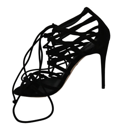 Dolce &amp; Gabbana Elegant Black Suede Stiletto Ankle Strap Sandals