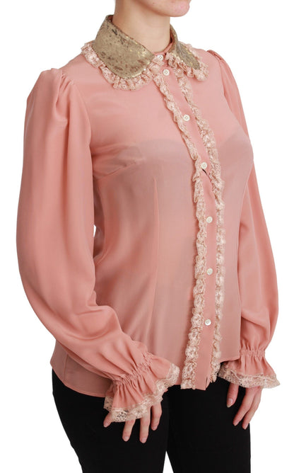 Dolce &amp; Gabbana Elegant Pink Lace Silk Blouse with Gold Sequins