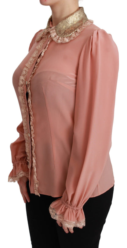 Dolce &amp; Gabbana Elegant Pink Lace Silk Blouse with Gold Sequins