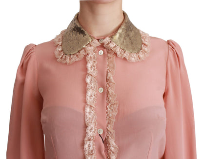 Dolce &amp; Gabbana Elegant Pink Lace Silk Blouse with Gold Sequins