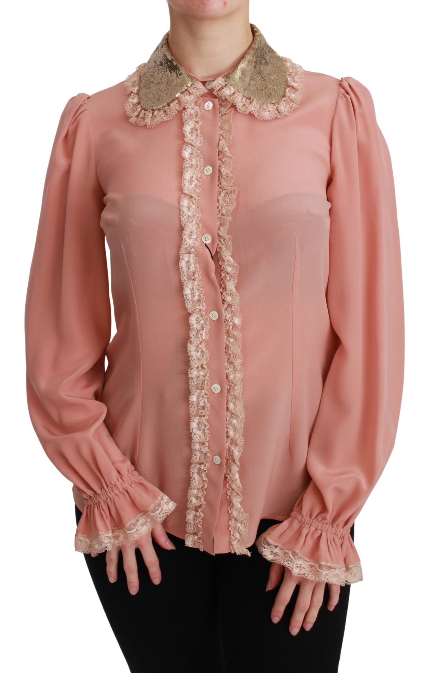 Dolce & Gabbana Elegant Pink Lace Silk Blouse with Gold Sequins