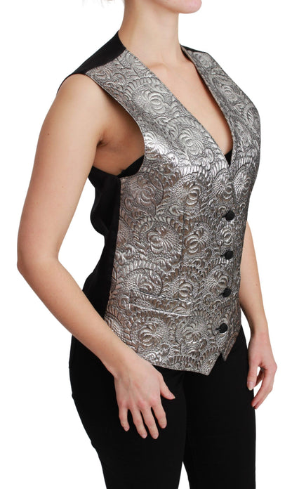 Dolce &amp; Gabbana Elegant Silver Sleeveless Brocade Cardigan