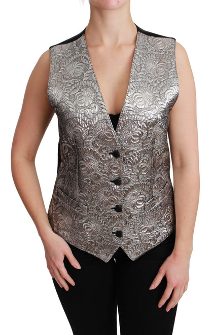 Dolce &amp; Gabbana Elegant Silver Sleeveless Brocade Cardigan