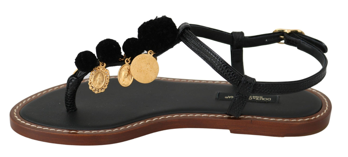 Dolce &amp; Gabbana Pom Pom Flip Flop Ankle Strap Flats