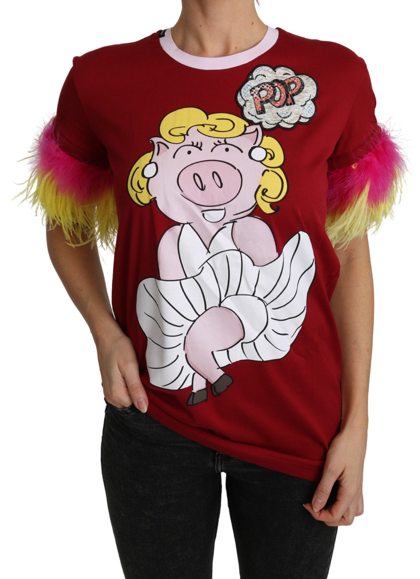 Dolce &amp; Gabbana Chic Red Pig Print Crew Neck T-Shirt