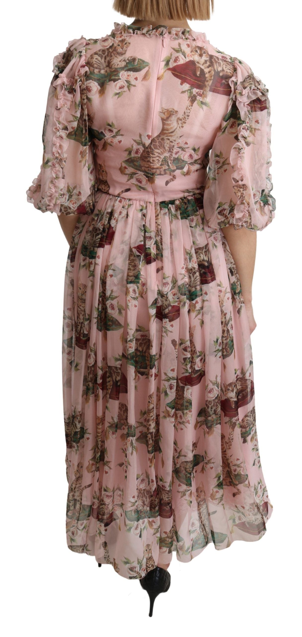 Dolce &amp; Gabbana Elegant Pink Bengal Cat Print A-Line Maxi Dress