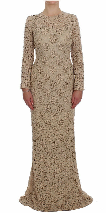 Dolce &amp; Gabbana Beige Floral Lace Long Sleeve Maxi Dress