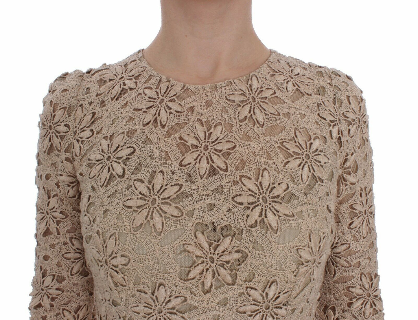 Dolce &amp; Gabbana Beige Floral Lace Long Sleeve Maxi Dress