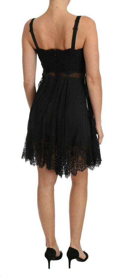 Dolce & Gabbana Elegant Black Silk Floral Lace Chemise Dress