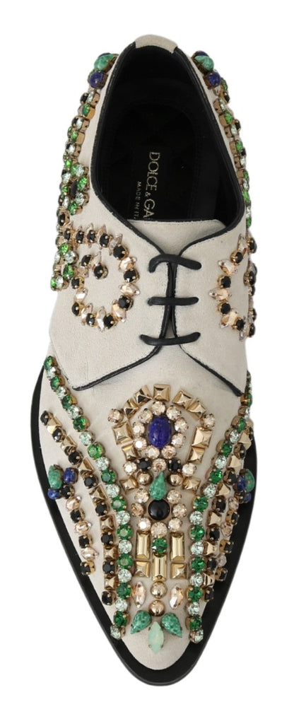 Dolce &amp; Gabbana Elegant White Suede Dress Flats with Crystals