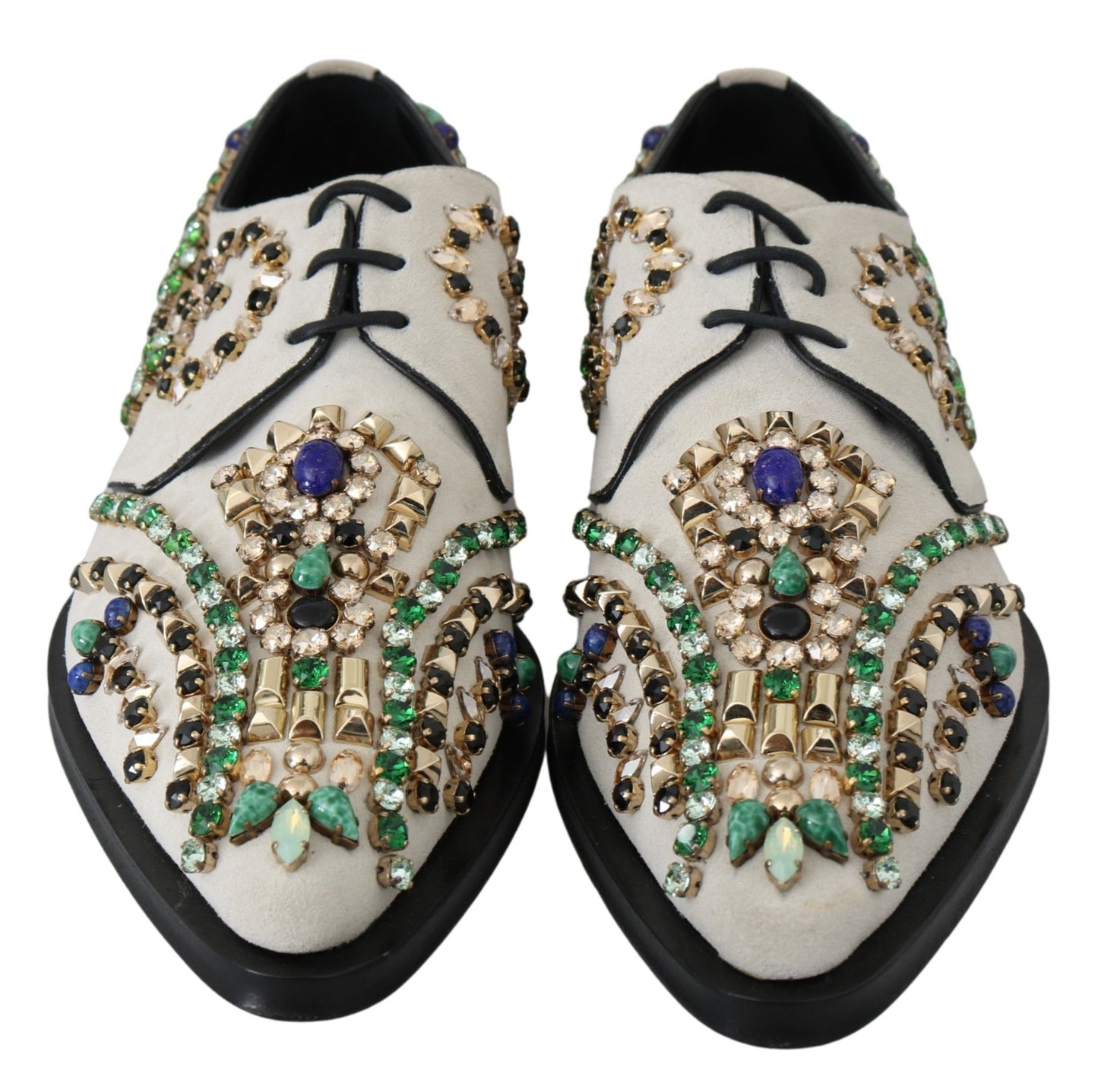 Dolce & Gabbana Elegant White Suede Dress Flats with Crystals