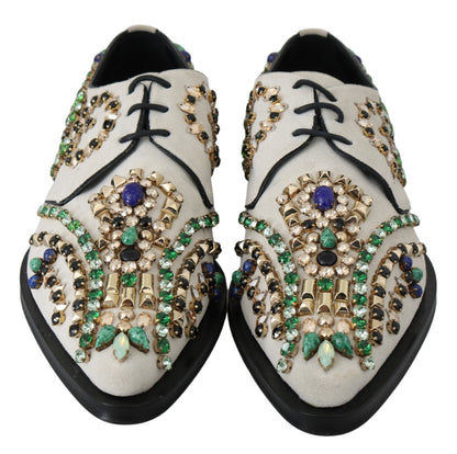 Dolce &amp; Gabbana Elegant White Suede Dress Flats with Crystals