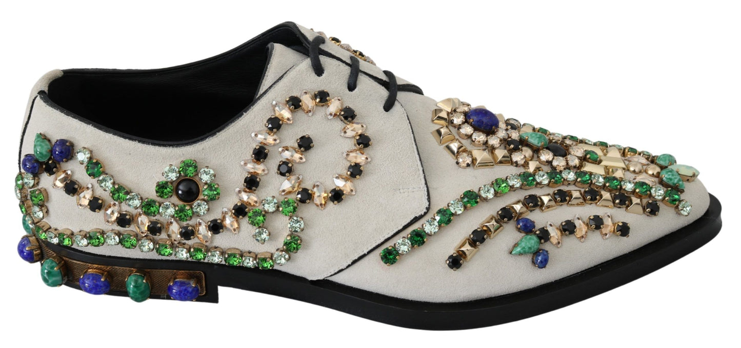 Dolce &amp; Gabbana Elegant White Suede Dress Flats with Crystals