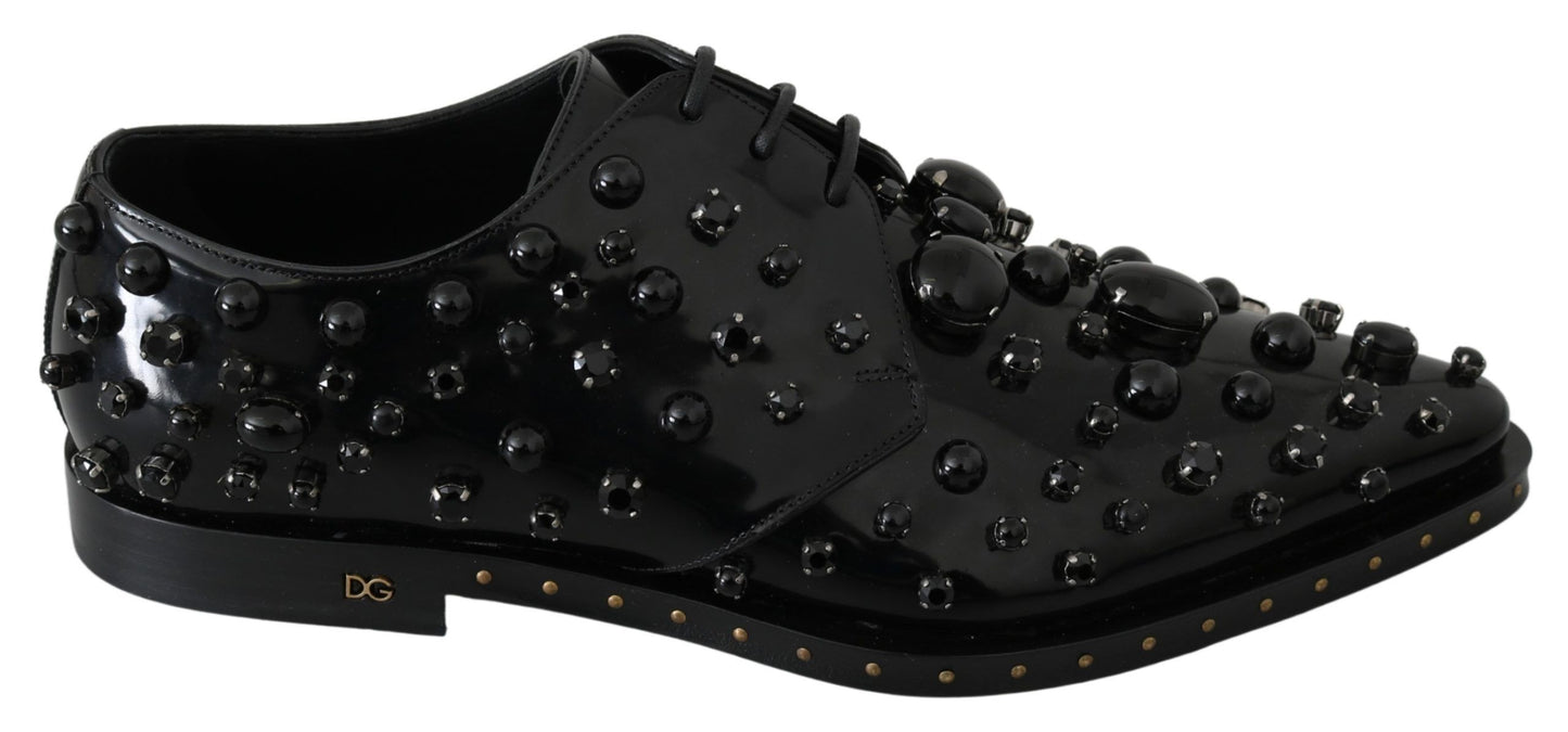 Dolce &amp; Gabbana Elegant Black Crystal Leather Dress Shoes