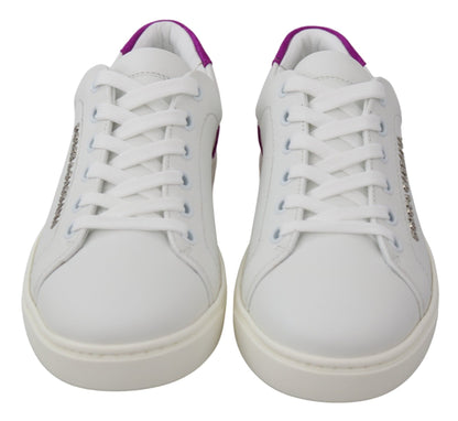 Dolce &amp; Gabbana Chic White Leather Sneakers with Purple Accents