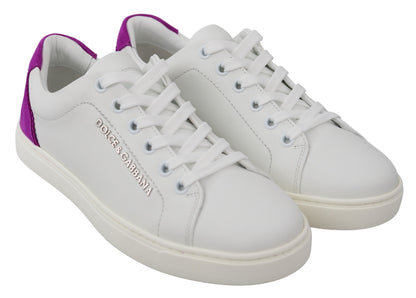 Dolce &amp; Gabbana Chic White Leather Sneakers with Purple Accents