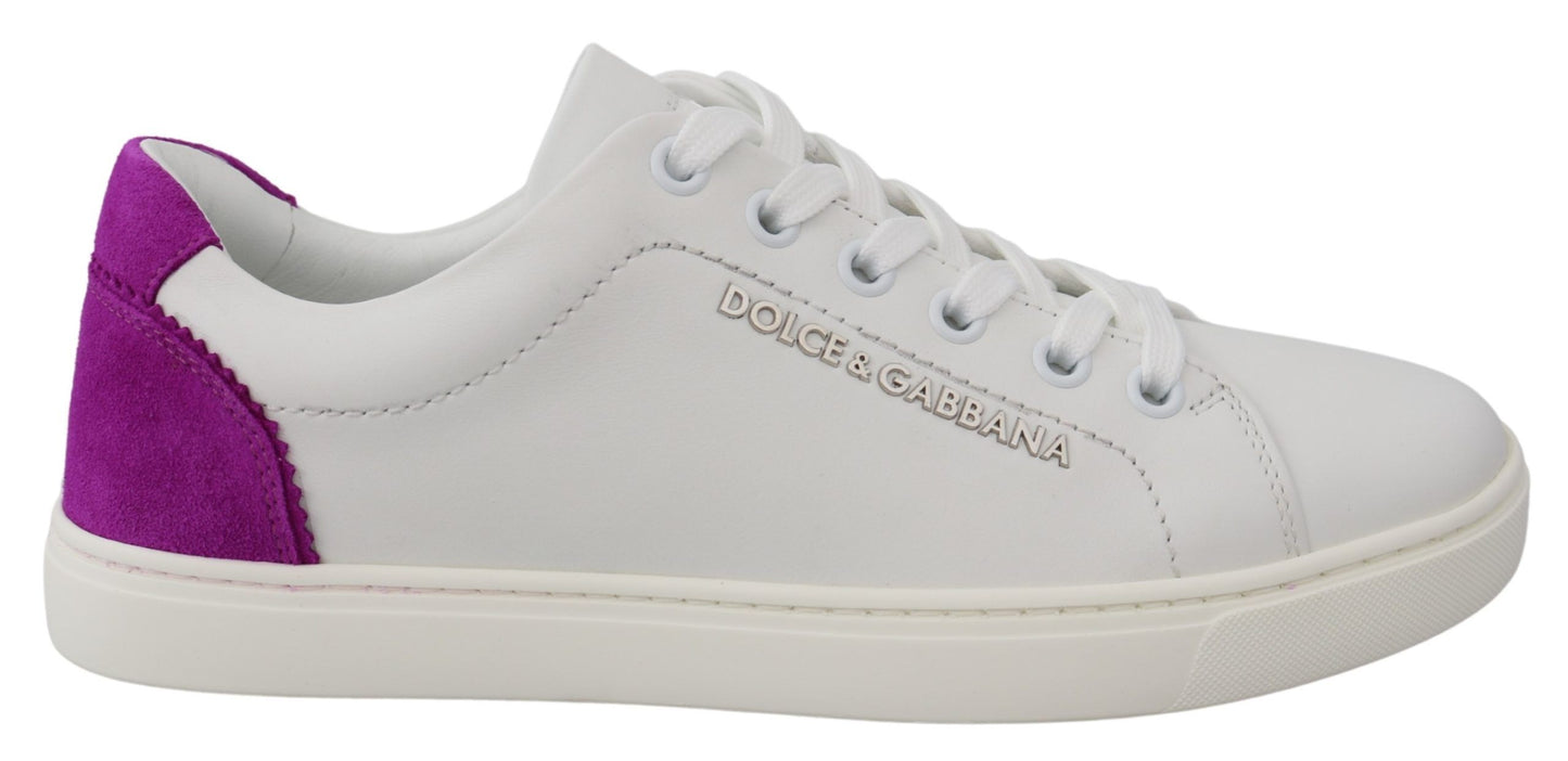 Dolce &amp; Gabbana Chic White Leather Sneakers with Purple Accents