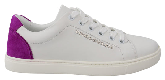 Dolce &amp; Gabbana Chic White Leather Sneakers with Purple Accents