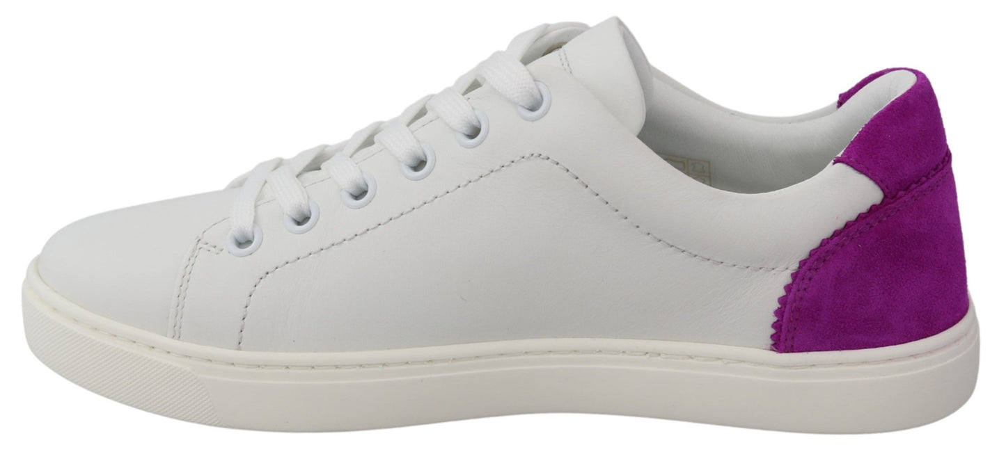 Dolce &amp; Gabbana Chic White Leather Sneakers with Purple Accents