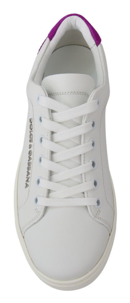 Dolce &amp; Gabbana Chic White Leather Sneakers with Purple Accents