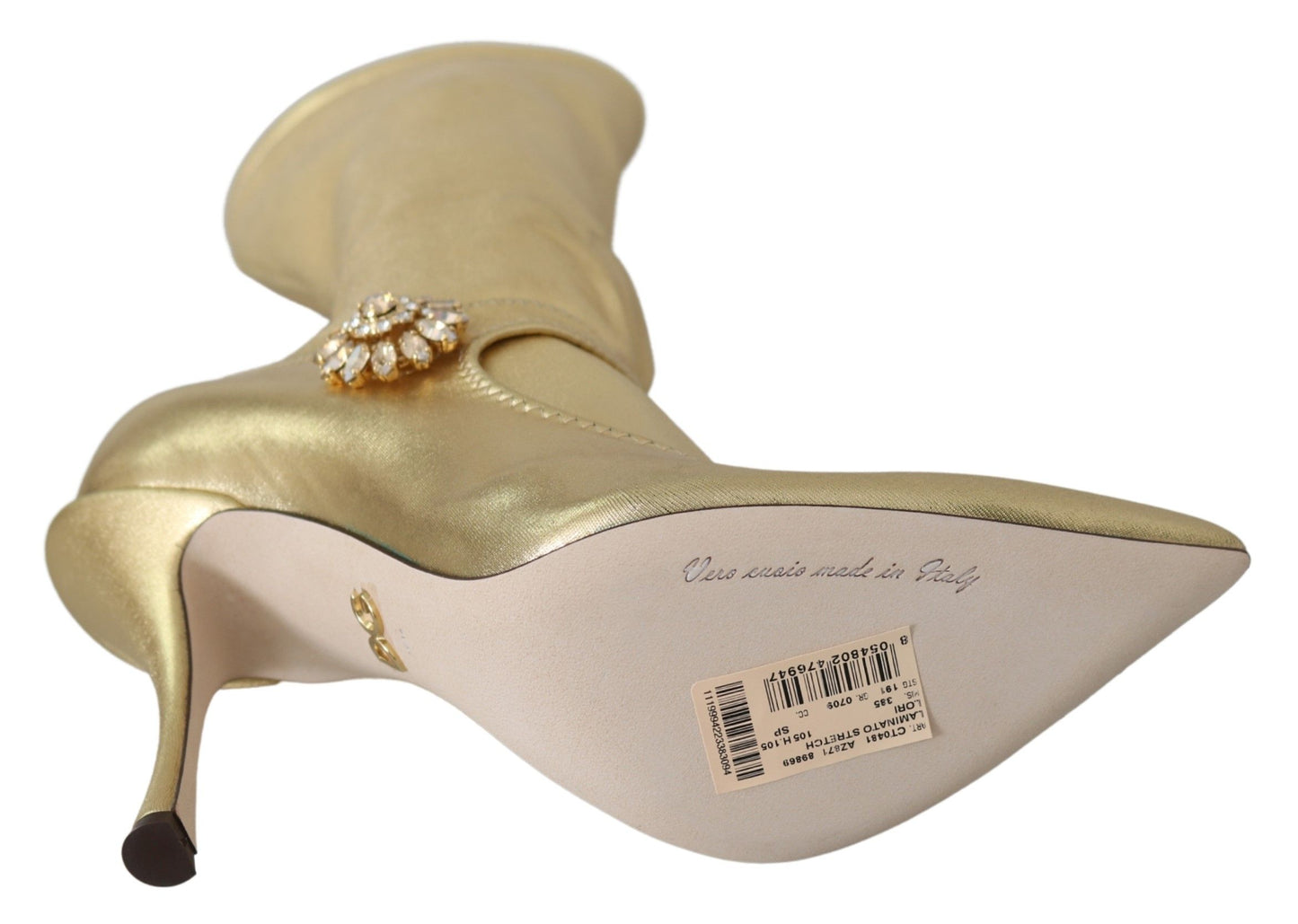 Dolce &amp; Gabbana Elegant Gold Ankle Boots Socks with Rhinestones