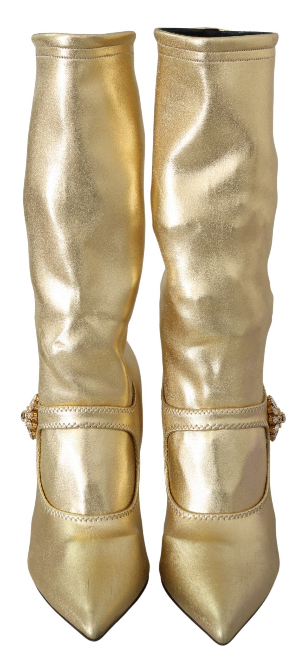 Dolce &amp; Gabbana Elegant Gold Ankle Boots Socks with Rhinestones