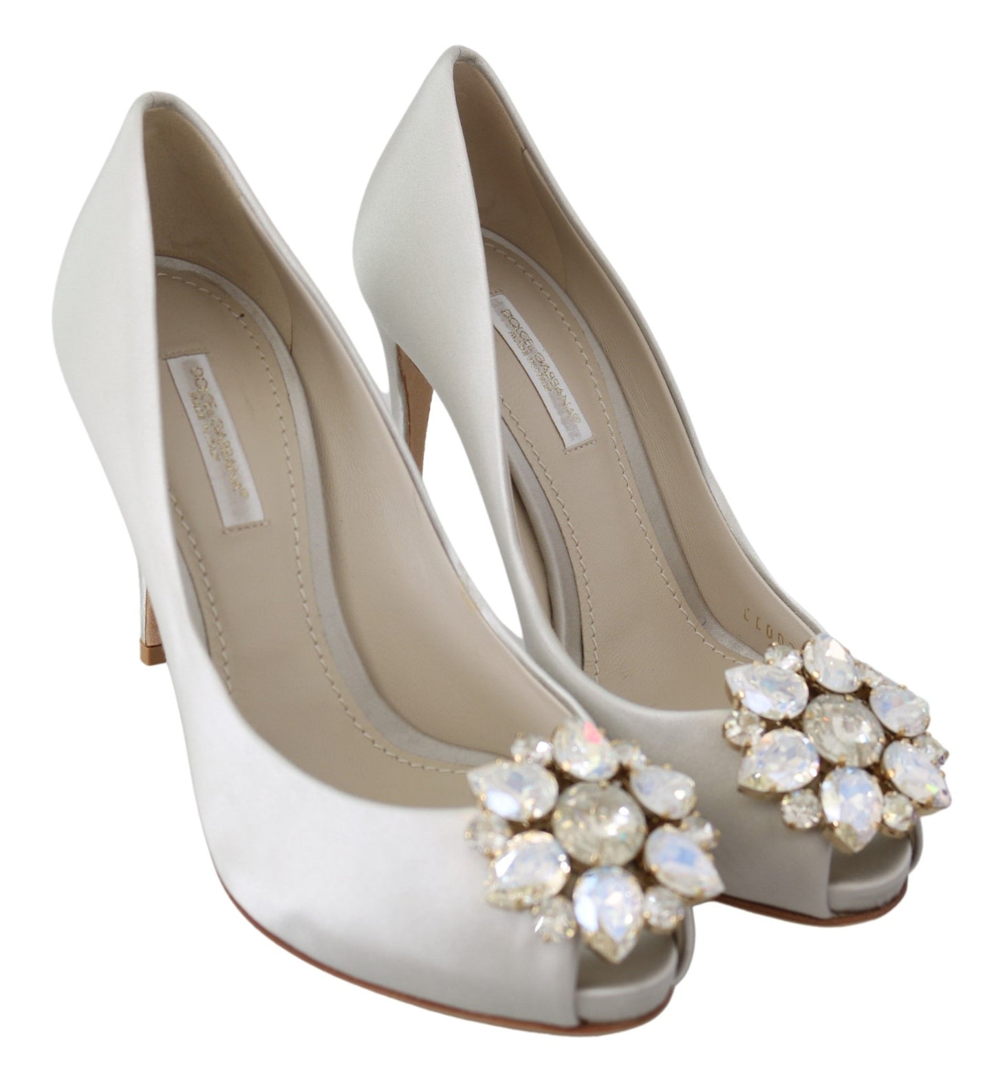 Dolce &amp; Gabbana White Crystal Peep Toe Silk Blend Heels