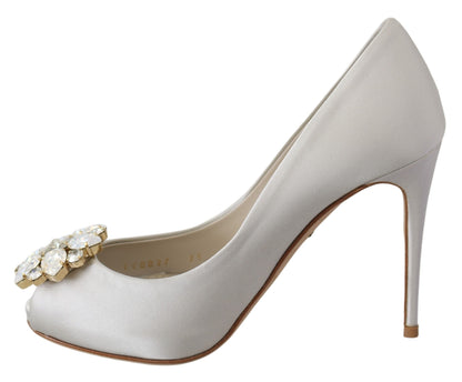 Dolce &amp; Gabbana White Crystal Peep Toe Silk Blend Heels